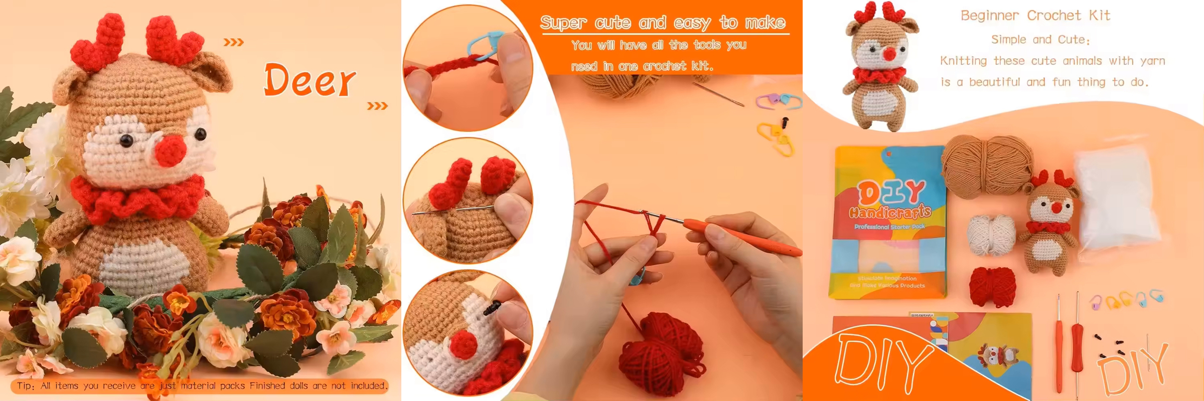 Brown and red color elk shaped animal doll making with baby yarn DIY knitting tool kit for handmade toys for beginners