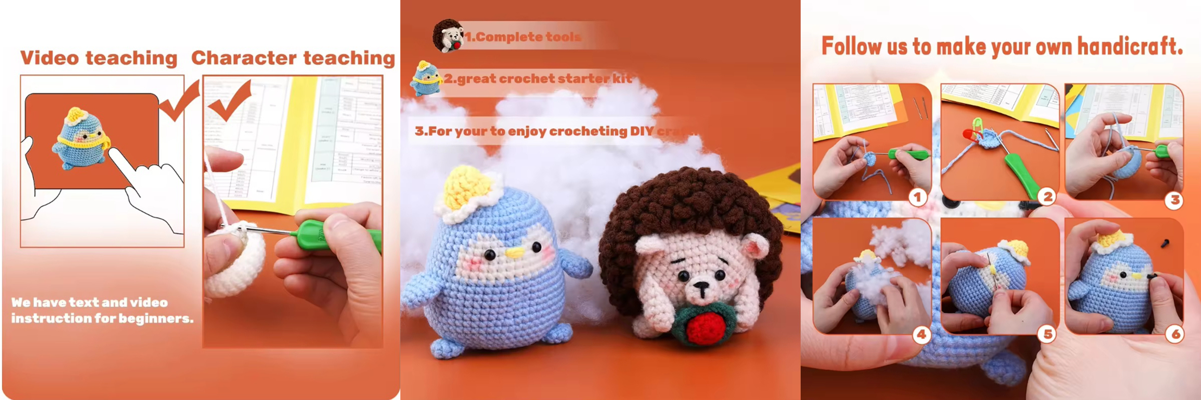 Handmade Crochet Beginner Kit Unisex Mini Toy Model Fantasy Style Animal Set with Hedgehog and Penguin DIY Kits