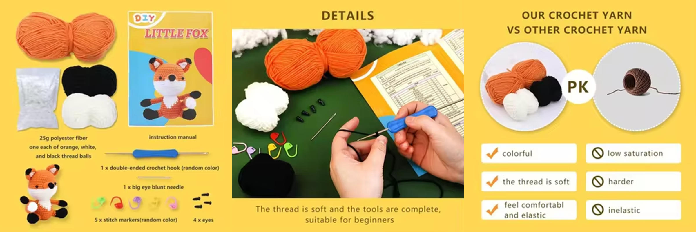 Animal Weaving Doll Kit Orange Color Fox Beginners Easy to Do with Instructions Creative DIY Crochet Making Keychain Pendant Set