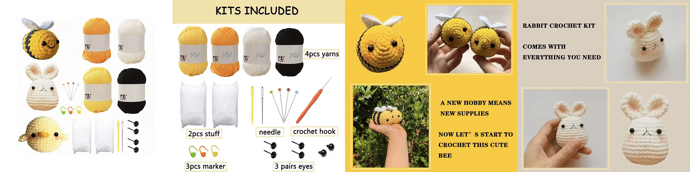 Crochet Bee Chick Rabbit Kits DIY Knit Plush Animal Doll Pendants Material Set