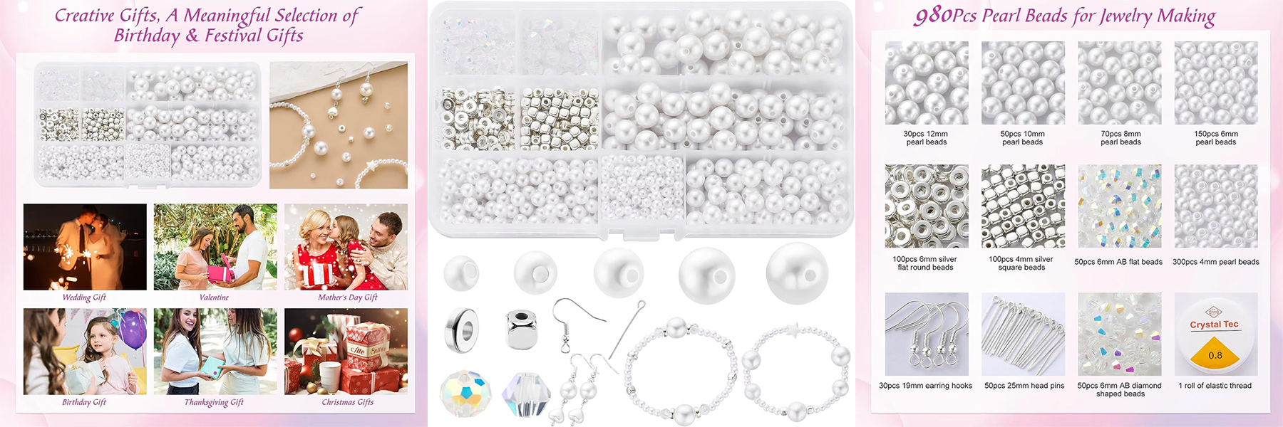 980pcs Acrylic Pearl Beads Jewelry Making Kits for Bracelets Necklaces Earrings