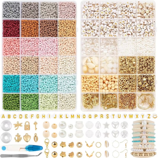 24 Grids Light Color Glass Rice Bead Set with Golden Letter Beads Kits